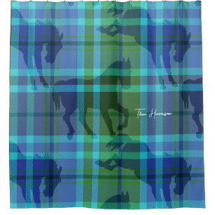Cortina De Ducha Plaid preppy azul y verde personalizado ecuestre