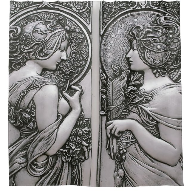Cortina De Ducha Plata, Art Nouveau, diseño, hembras, Mucha, Beauti (Anverso)