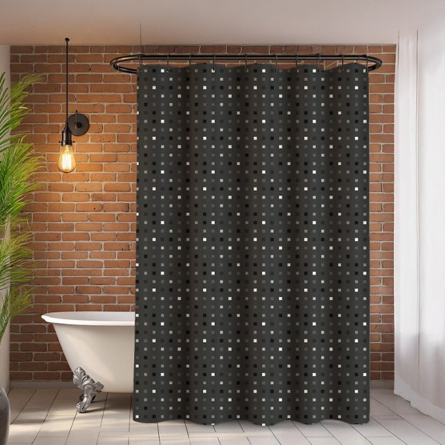 Cortina De Ducha  Playful Gray Black Pixels Check Pattern (Subido por el creador)