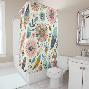 Cortina De Ducha Plumas y Flores Boho Caprichosas
