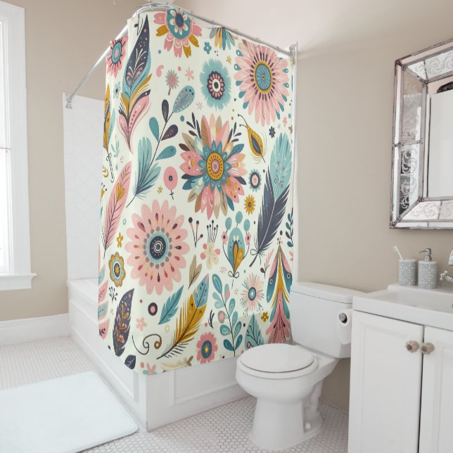 Cortina De Ducha Plumas y Flores Boho Caprichosas (In situ)