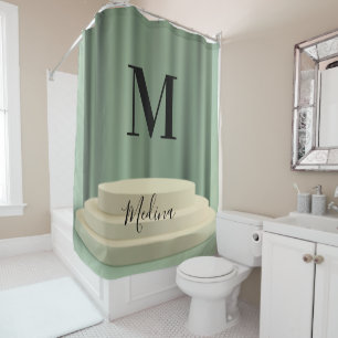 Cortina De Ducha Podio verde beige negro Monograma moderno guión