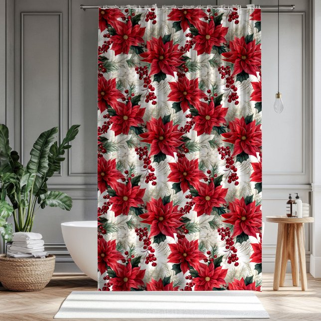 Cortina De Ducha Poinsettia Pattern Curtain Classic Holiday Look (Poinsettia Pattern Curtain Classic Holiday Look)