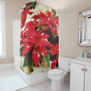 Cortina De Ducha Poinsettias florales blancas rojas festivas