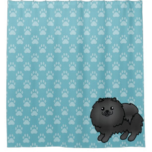 Cortina De Ducha Pomerania negra sobre azul y huellas de perro