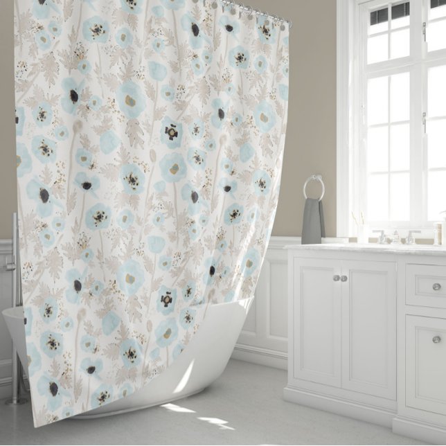 Cortina De Ducha Poppies Floral (Light Blue Tan Watercolor Floral Pattern Poppies Shower Curtain from Studio Posies.)