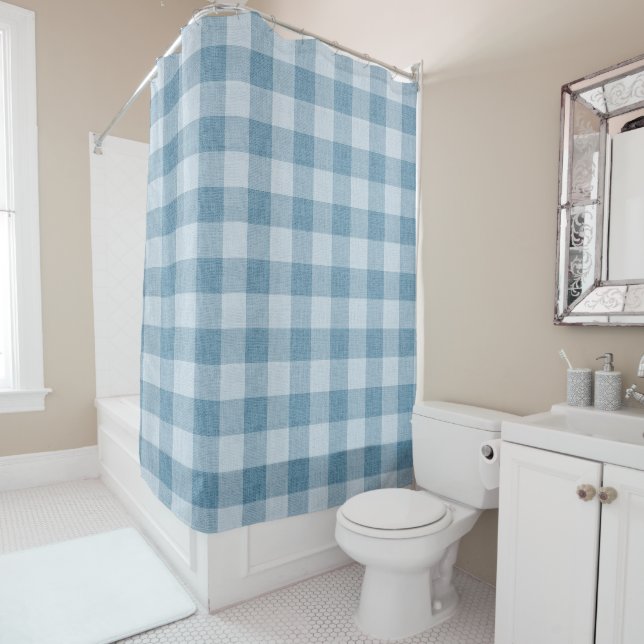 Cortina De Ducha Powder Blue Gingham Buffalo Check Linen Texture (In situ)