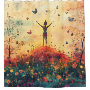 Cortina De Ducha Pradera del Atardecer Meditación con Mariposas (4)