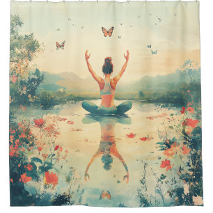 Cortina De Ducha Prado de la puesta de sol meditación con mariposas
