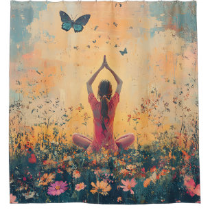 Cortina De Ducha Prado de la puesta de sol meditación con mariposas