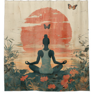 Cortina De Ducha Prado de la puesta de sol meditación con mariposas