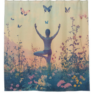 Cortina De Ducha Prado de la puesta de sol meditación con mariposas