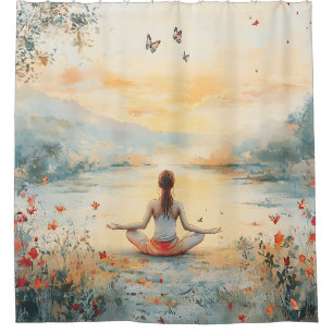 Cortina De Ducha Prado de la puesta de sol meditación con mariposas