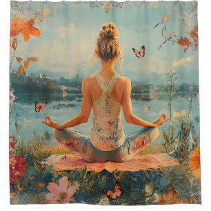 Cortina De Ducha Prado del Atardecer Meditación con Mariposas (2)