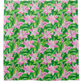 Cortina De Ducha Preppy Pink Lily Floral Chic Botanical Bathroom 