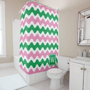Cortina De Ducha Preppy Raya Preppy Rosa y Verde con Ric Rac
