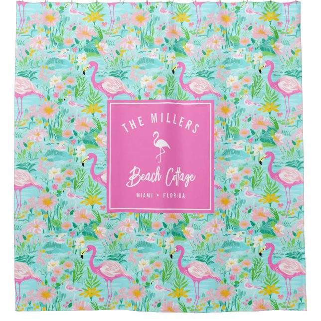 Cortina De Ducha Preppy Summer Flamingo | Casa de playa (Anverso)