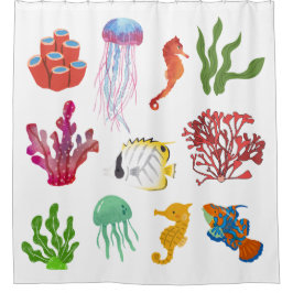 Cortina De Ducha Pretty colorful watercolor Ocean life Corals
