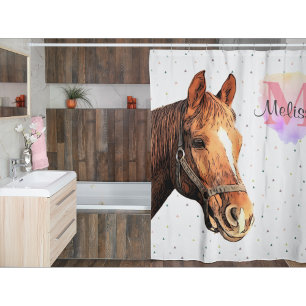 Cortina De Ducha Pretty Monogram Watercolor Name Horse Equestrian