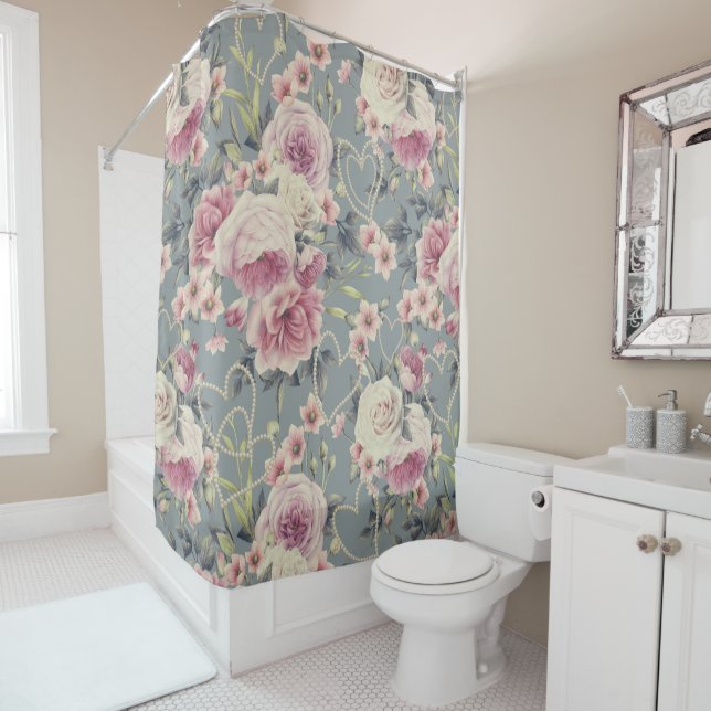 Cortina De Ducha Pretty Pink Roses and Pearl Hearts Pattern (In situ)