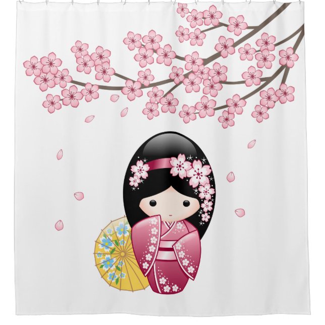 Cortina De Ducha Primavera Kokeshi Muñeca Cute Geisha Chica (Anverso)