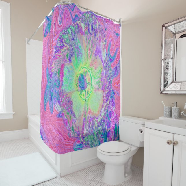 Cortina De Ducha Psicodélico Trippy Lime Green y Púrpura Hibiscus (In situ)