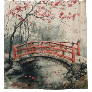 Cortina De Ducha Puente de flor de cerezo Sumi-E paisaje (2)