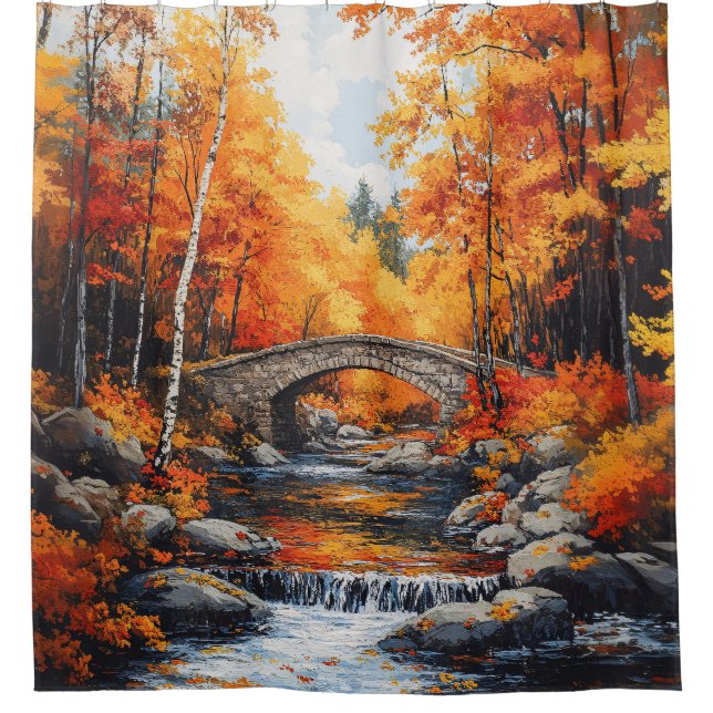 Cortina De Ducha Puente del bosque de otoño (Anverso)