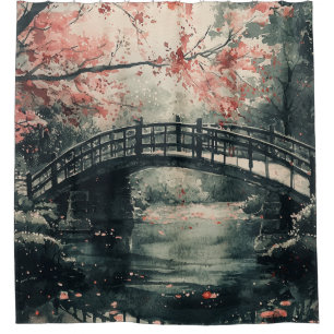Cortina De Ducha Puente Flor de Cerezo Sumi-E Paisaje (1)
