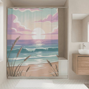 Cortina De Ducha Puesta de sol en la playa costera Aquarela Pastel