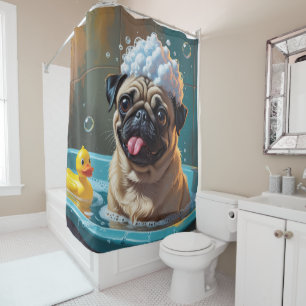 Cortina De Ducha Pug Descuidado Dormilón Lindo Divertido