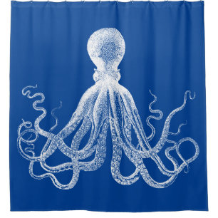 Cortina De Ducha Pulpo del vintage en los azules marinos blancos y