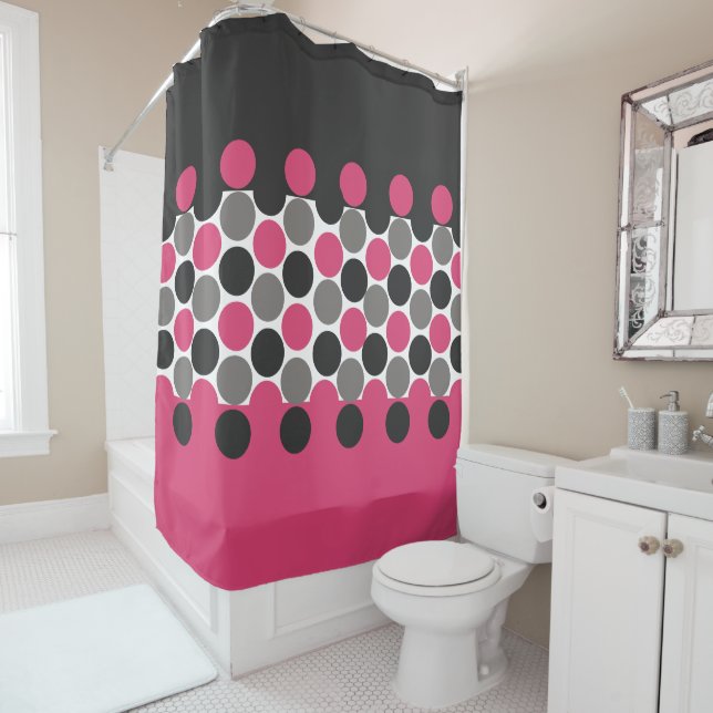Cortina De Ducha Punto de Polika rosa y gris (In situ)