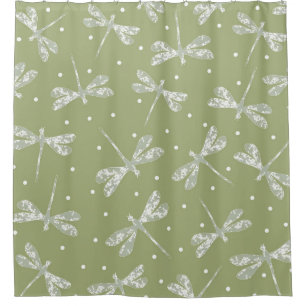 Cortina De Ducha Puntos blancos y libélulas de color verde oliva
