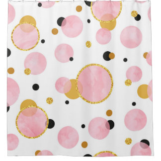 Cortina De Ducha Puntos dorados rosados, cosecha geométrica.