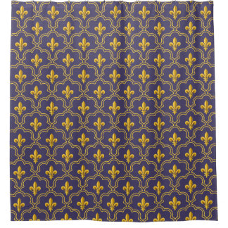 Cortina De Ducha Purple and gold fleur-de-lys quatrefoil pattern