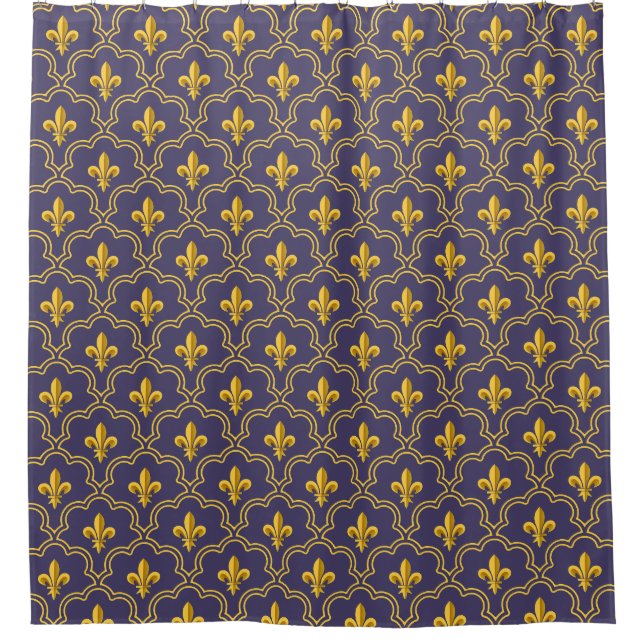 Cortina De Ducha Purple and gold fleur-de-lys quatrefoil pattern (Anverso)