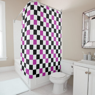 Cortina De Ducha Purple Black White Checkered Pattern Design 