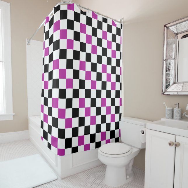 Cortina De Ducha Purple Black White Checkered Pattern Design  (In situ)