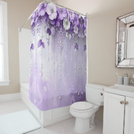 Cortina De Ducha Purple Flowers with Dangling Pearls Shower Curtain