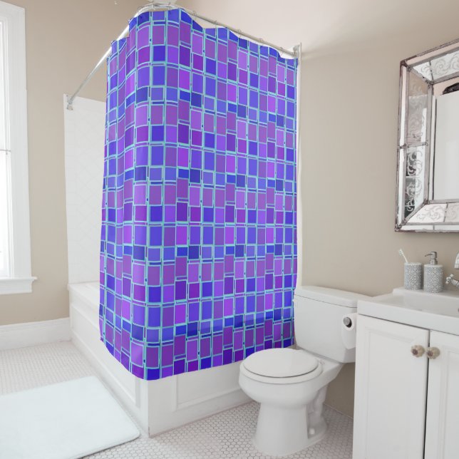 Cortina De Ducha Purple Mosaic Squares Tile Pattern (In situ)