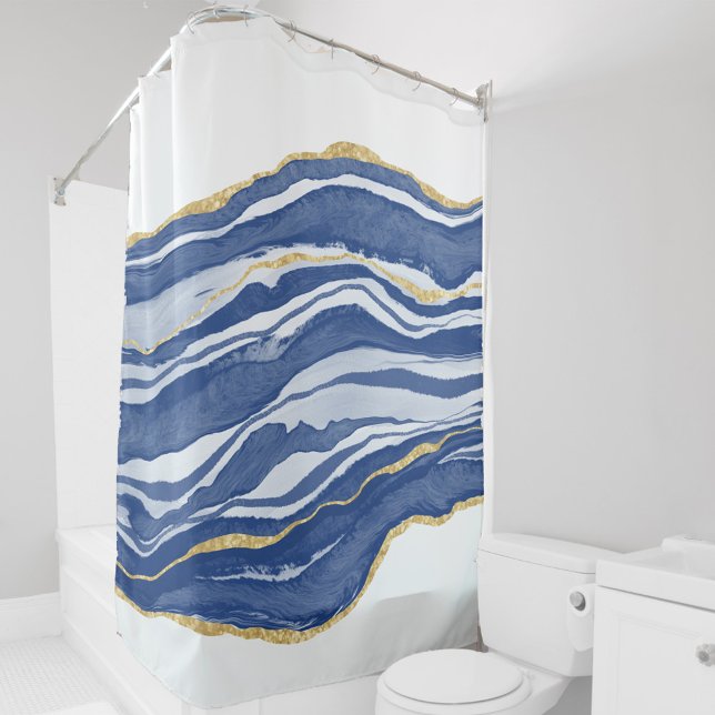 Cortina De Ducha Purpurina de oro de Blue Marble Agate (Blue, white and gold marble agate watercolor art shower curtain)