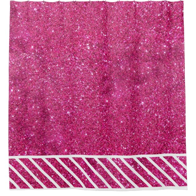 Cortina De Ducha Purpurina rosa personalizado y franjas blancas (Anverso)