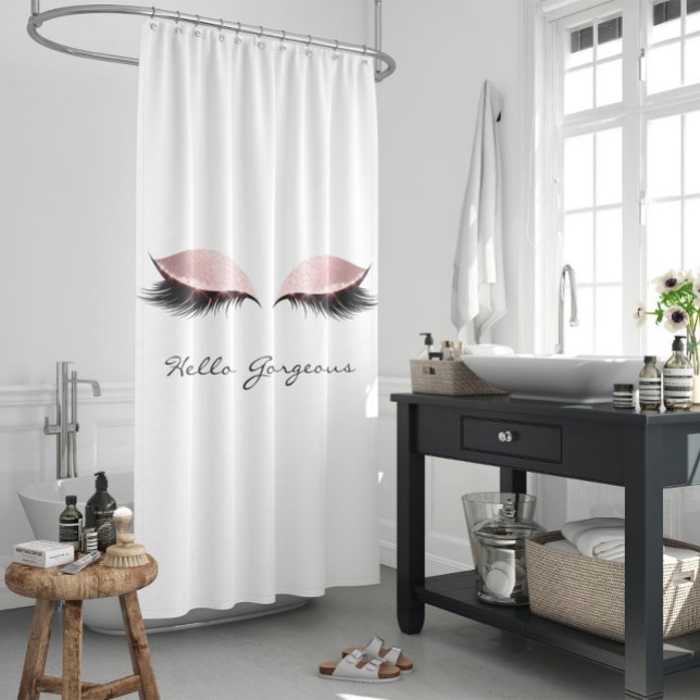 Cortina De Ducha Purpurina Sparkly Hello Gorgeous White Pink Eyes (Subido por el creador)