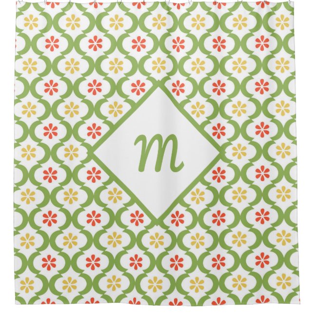 Cortina De Ducha Quatrefoil verde Girly Cute Daisies y Monograma (Anverso)