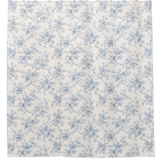 Cortina De Ducha Ramo Floral Toile Azul Crema Botánico Vintage