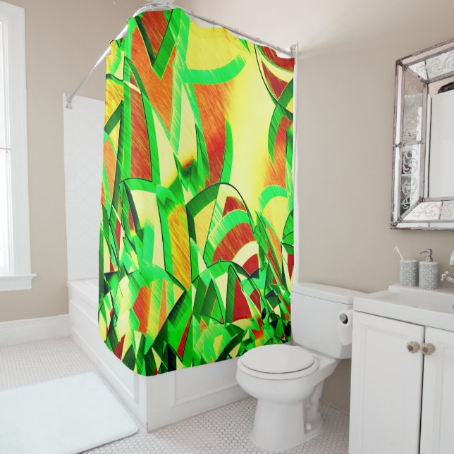 Cortina De Ducha Rasgos verdes sobre la imagen roja con llovizna (In situ)