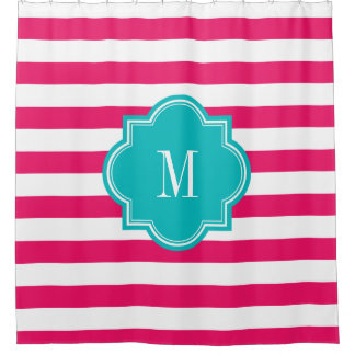 Cortina De Ducha Rayas de las rosas fuertes con el monograma verde