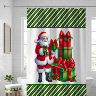 Cortina De Ducha Rayas Navideñas Verdes Con Santa