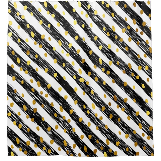 Cortina De Ducha Rayas negras, confeti dorado, patrón sin fisuras. (Anverso)